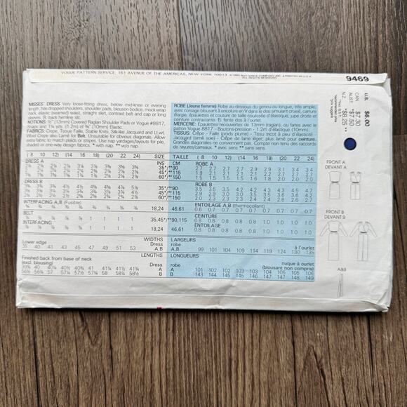 Vintage 1980s Vogue 9469 Sewing Pattern Size XS-S Women Midi Maxi Dress COMPLETE - Picture 2 of 3